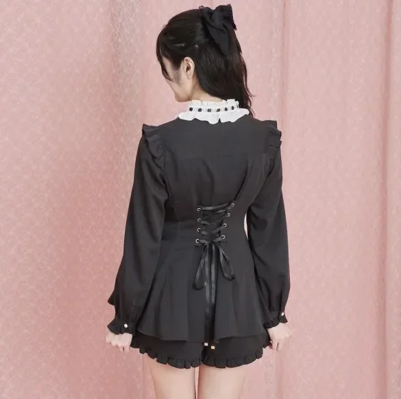 SC Lolita Dress Suit Japanese-Style Mine Slim-Fit Slimming Bow Lace Shirt Shorts Two-Piece Sets Women Rojita Culottes Outfits