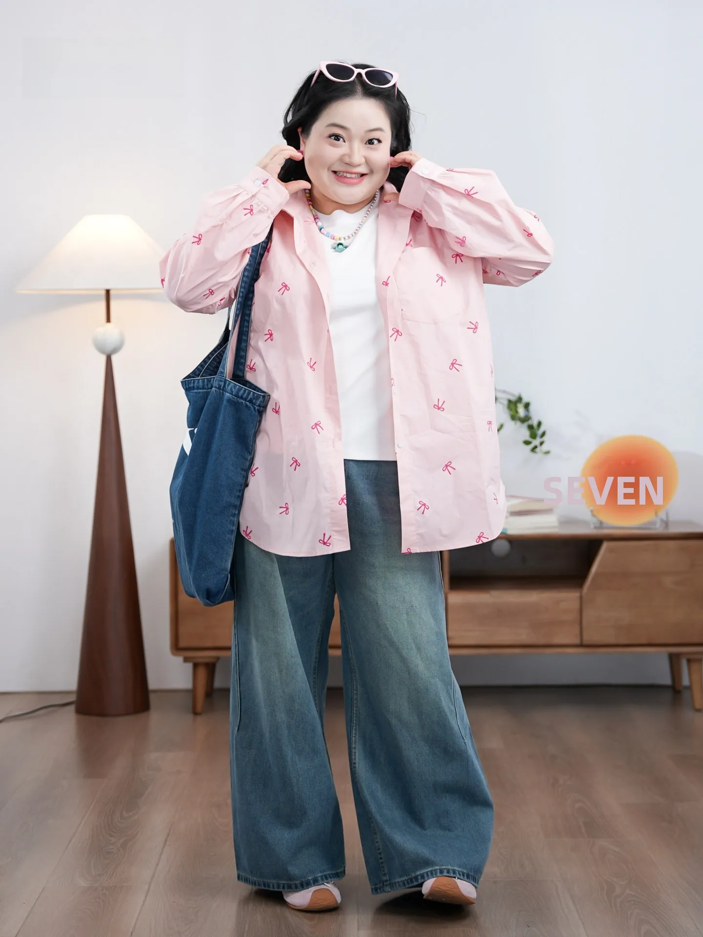 

plus Size Pink Knot Print Shirt Versatile Sweet Style Casual Cotton Long Sleeve Women's Shirt for plus Size Women