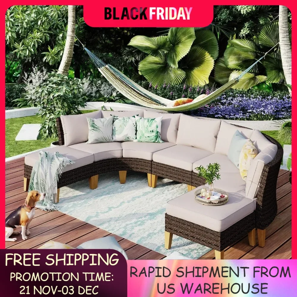 7 Pieces Wicker Patio Furniture Set, All-Weather Rattan Outdoor Half-Moon for Garden, Backyard Curved Sectional Sofa Set