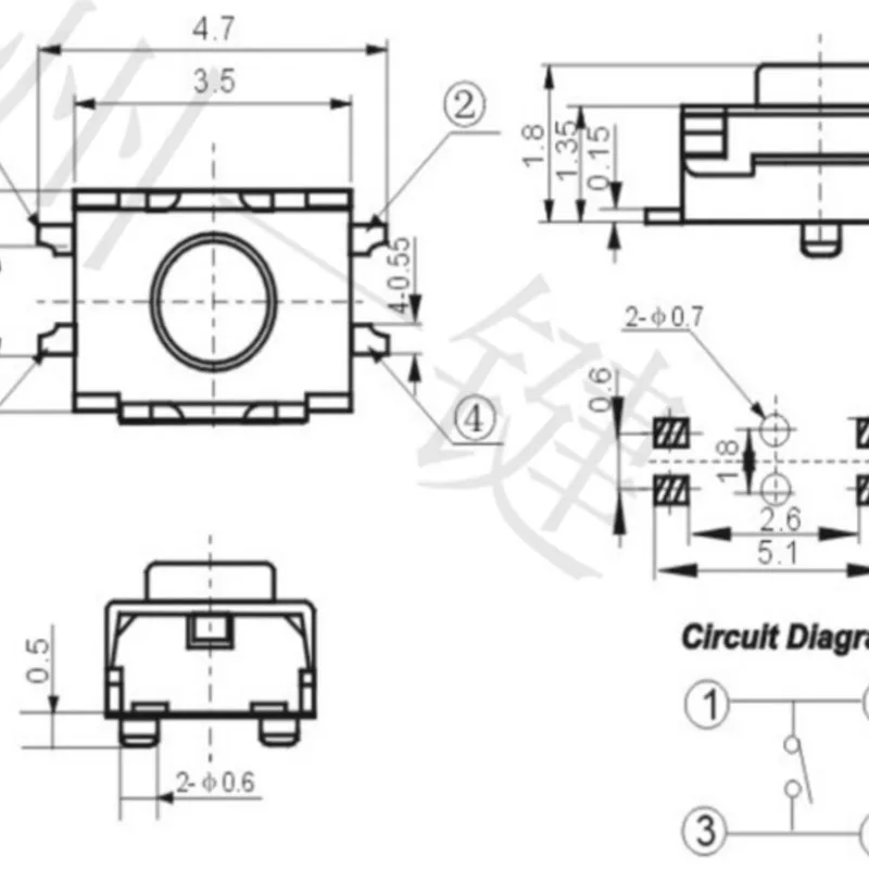 10PCS TS-A008 3*4*2H Tact switch 4 pin SMD/SMT vertical without column for mobile phone button switch