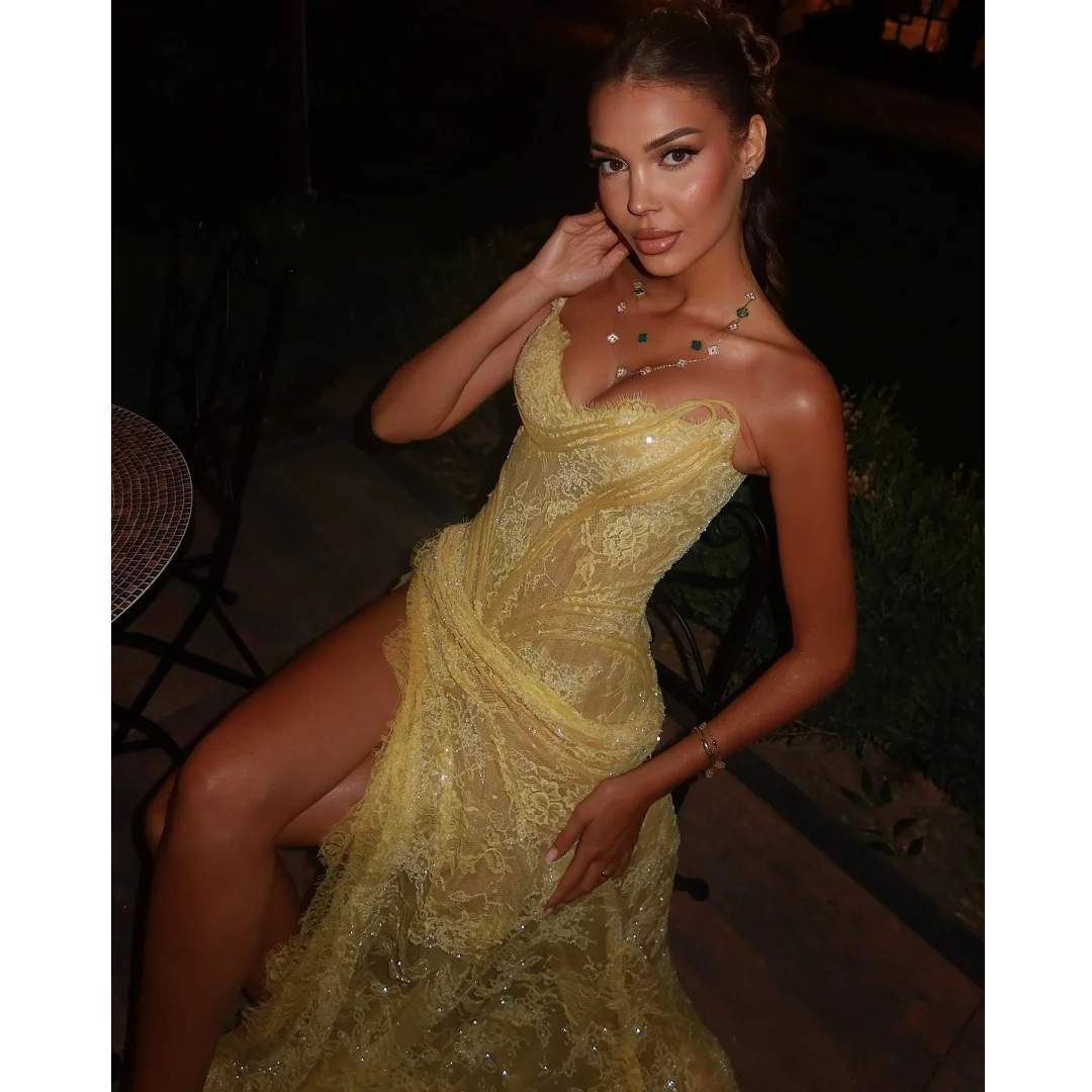 

Sweetheart Lace Sequined Evening Dresses High Slit Strapless Wedding Party Dress Customized Sexy Prom Gown Formal Vestidos