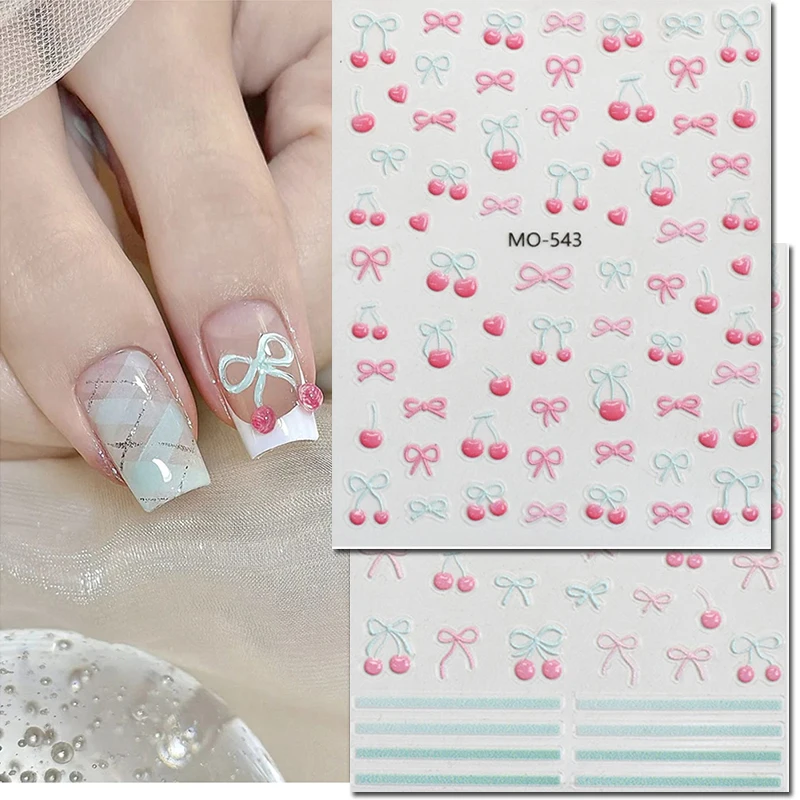 

5d Embossed Jelly Pink Blue Cherry Fruits Bowknots Nail Art Decals Stickers For Nails Art Manicures Tips Decorations