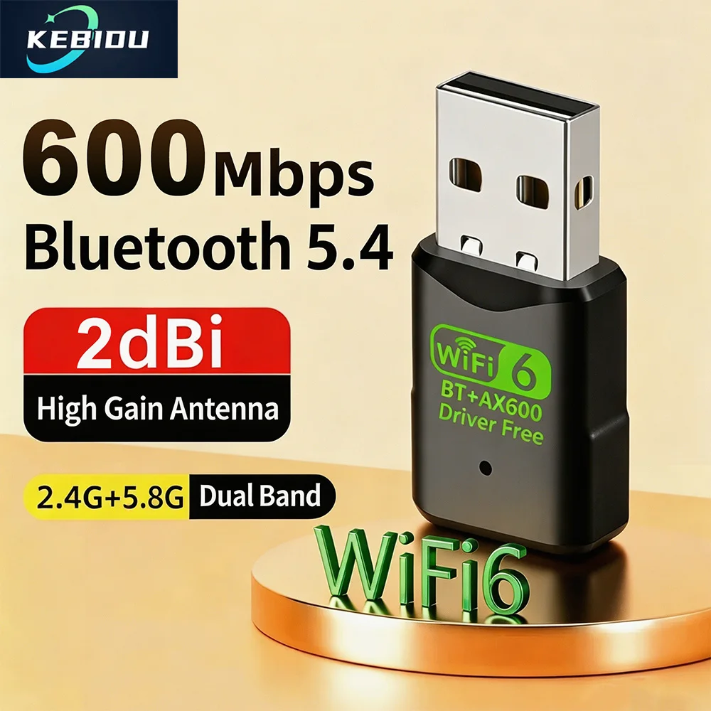 

USB-адаптер Kebidu Bluetooth 5.4 WiFi 6, 600 Мбит/с, беспроводная сетевая карта, USB Wi-Fi приемник без драйверов для ПК и ноутбуков