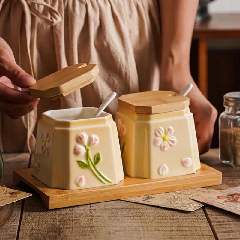 Japanese Relief Hand-painted Ceramic Spice Jar Set Wooden Lid and Wooden Tray Household Kitchen Combination Seasoning Box