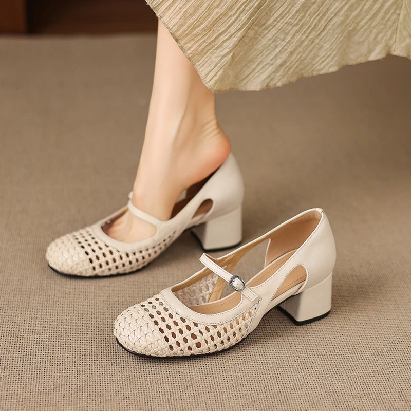 NEW Spring/Summer Women Pumps Round Toe Chunky Heel Shoes Split Leather Shoes for Women Weave Buckle Strap Mary Janes Shoes