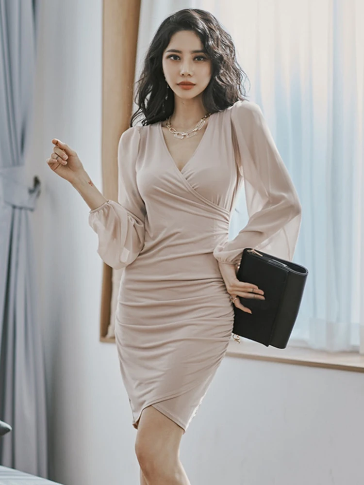 Neue Ankunft Bequeme V-ausschnitt Perspektive Ärmeln Formale Kleid Temperament V-ausschnitt Arbeit Stil Mode Niedlichen Mini Bleistift Kleid