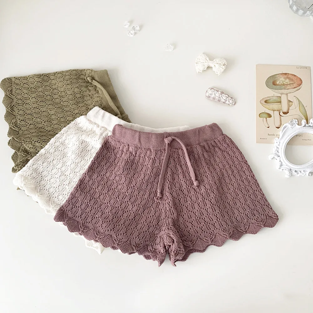 100% Cotton Knit Shorts Casual Vintage Kids Girls Flare Drawstring  Short Pants