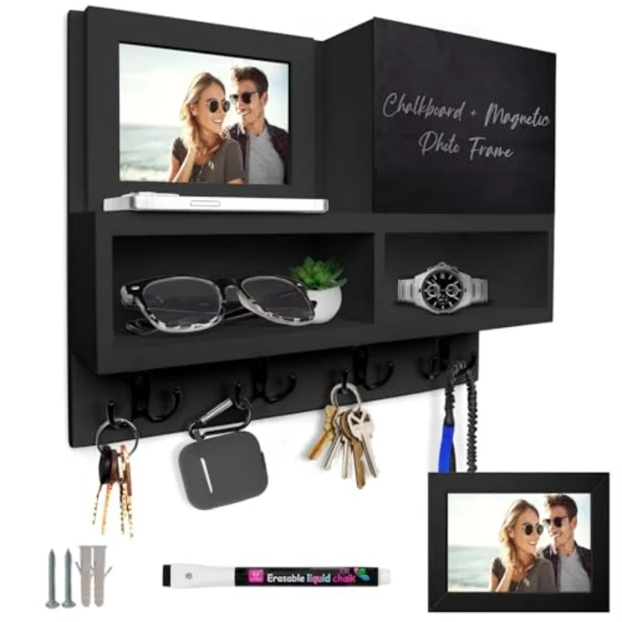 

Key and Mail Holder for Wall with Chalkboard Magnetic Photo Frame Key Holder Wall Mount,,Dual Storage and Cupboards Mail and Ke