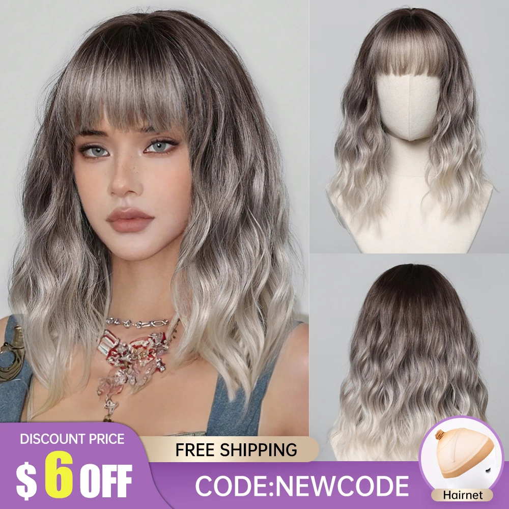 Ombre Blonde Bob Synthetic Wigs With Bangs Short Curly Dark Root Hair Wigs For Women Water Wave Wigs Lolita Hair Heat Resistant