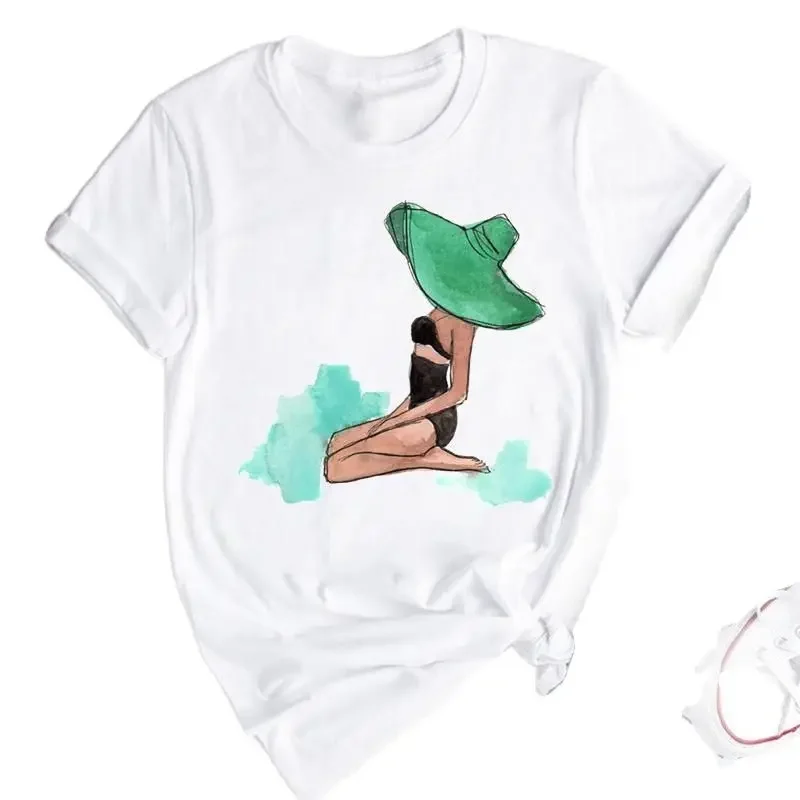 Hot Selling Cartoon Coffee Girl Print Summer Fashion T-shirt Casual Tops Ladies Graphic T Shirts Vintage Clothes Pro Choice Tee