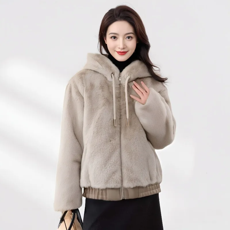 2026 women's new Korean version imitation rabbit fur coat winter women's imitation fur loose hooded elastic hem leisure jacket