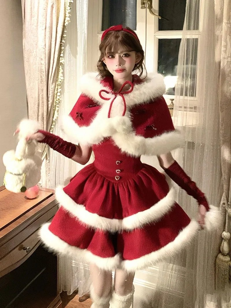 

Christmas Red suit Velvet Cake Puff Women's Dress Set Winter French Lady Princess Two Piece Outfit coat