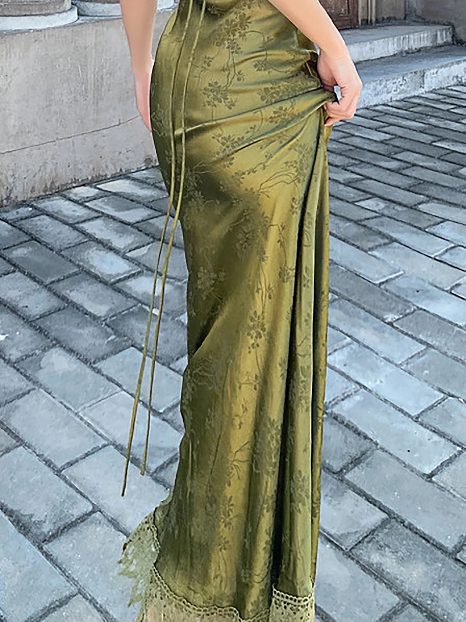 2024 New In Women\'s Long Dress Turquoise Green V-neck Backless Lace Satin Jacquard Waist Slim Chic Elegant Sexy Female Dresses