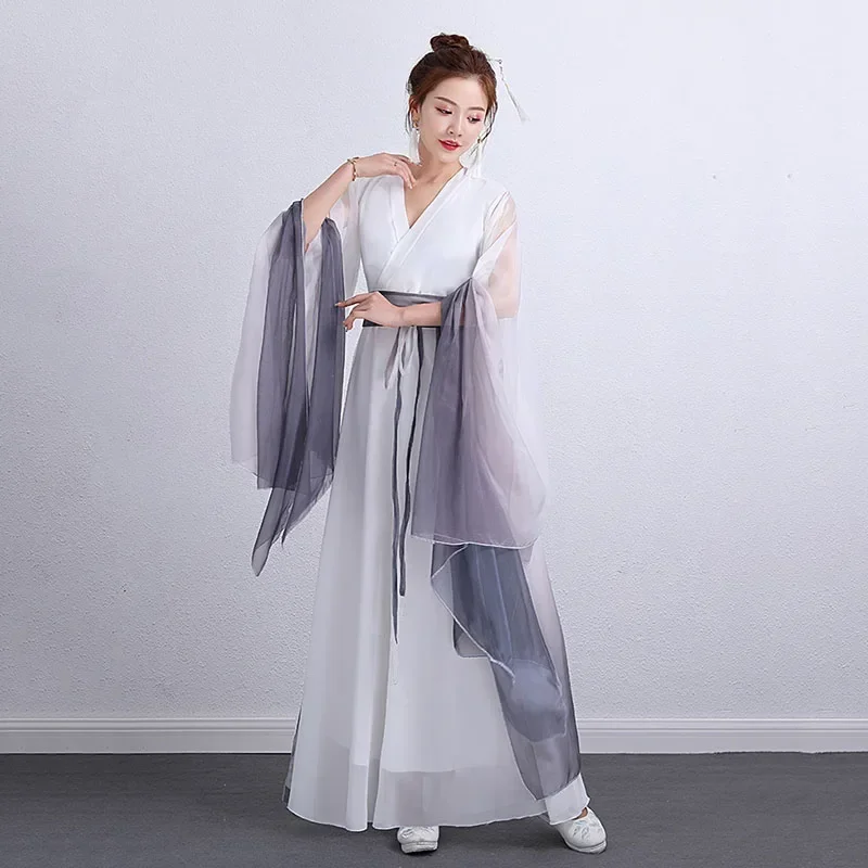 Traje de actuación de escenario de baile para mujeres y niños, vestido Hanfu chino tradicional blanco y gris, disfraz de princesa de hadas antiguas, elegante