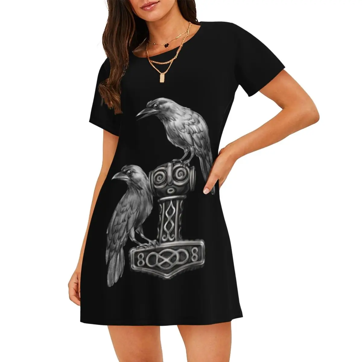 

Custom V-Vikinges Thor Hammer Mjolnir With Odin Ravens Women Nightgown Sleepwear Short Sleeves Norse Sleepdress Women's Pajamas