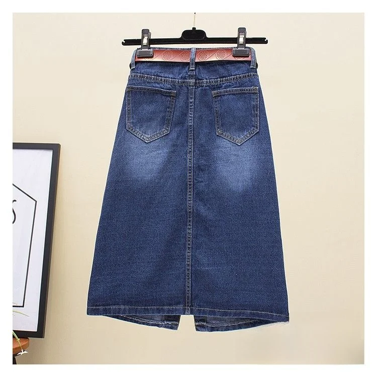 High Waist Slim Fit Midi Length Button Detail Denim Skirt Vintage Single Button Split a Line Skirt Spring New Sle