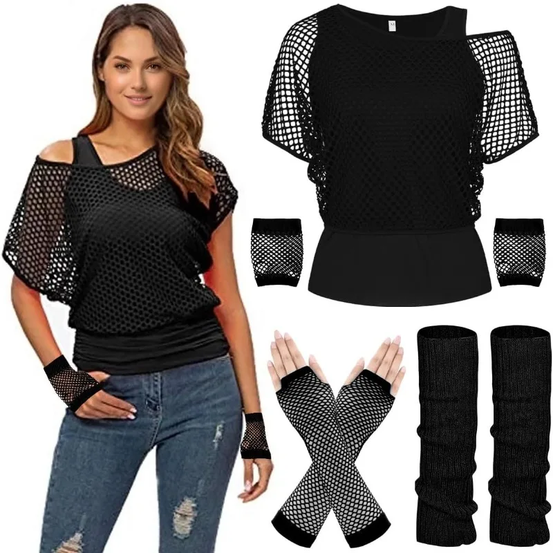 Conjunto de Disfraz de Carnaval de los 80: Camiseta de Malla, Guantes, Calentadores de Piernas, Top sin Mangas, Atuendo Retro para Fiesta, Look Vibrante y Divertido