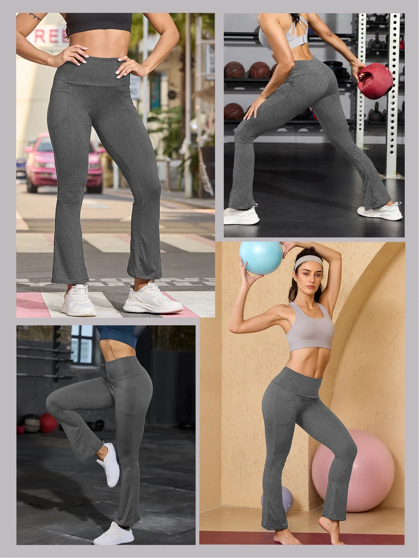 Damskie spodnie z wysokim stanem i rozszerzanymi nogawkami z kieszeniami - super miękkie, modelujące brzuch, podnoszące pośladki, idealne do jogi, na siłownię i do ćwiczeń.