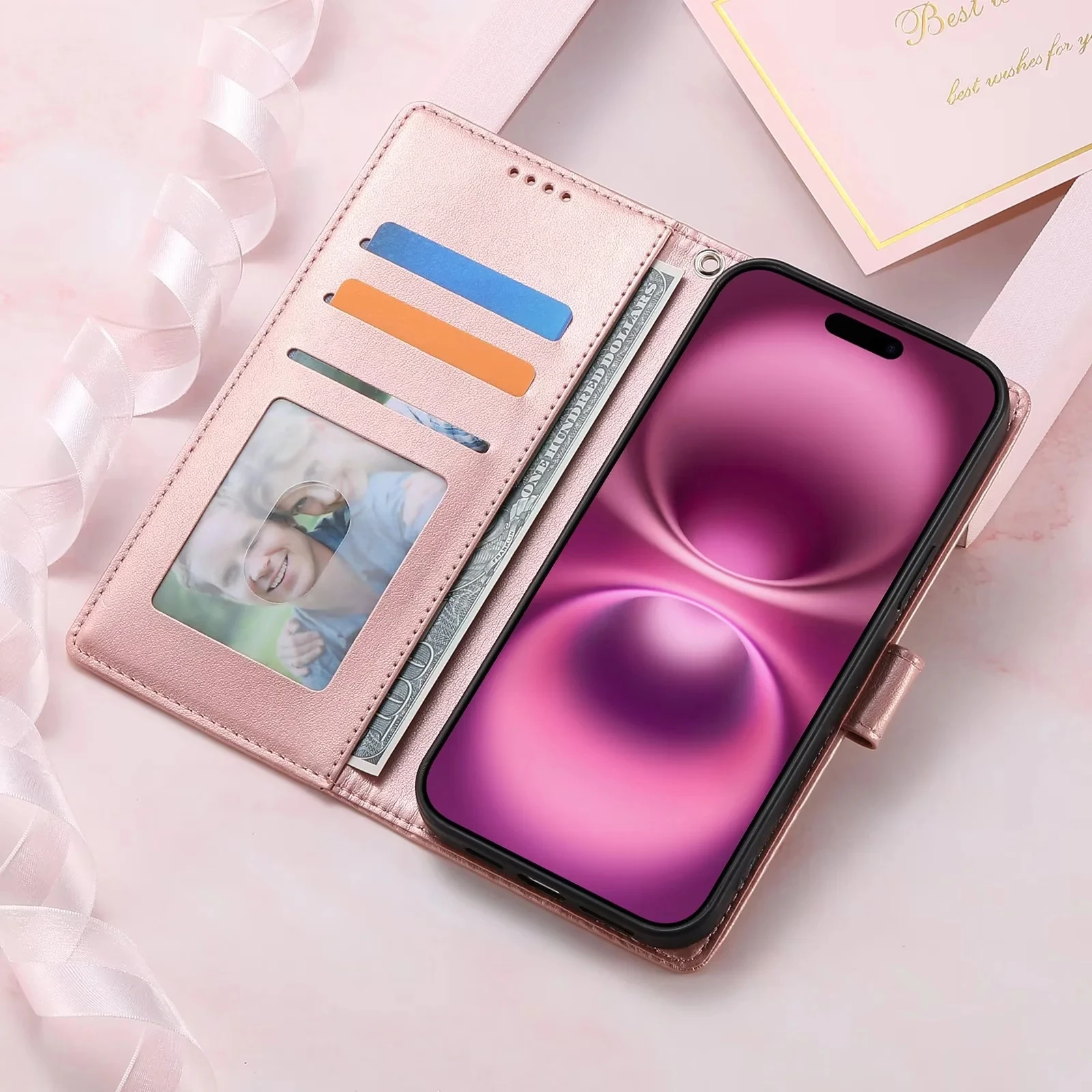 

Genuine Leather Wallet Case for iPhone 17 16 15 Pro Max, Flip Purse with Card Slots Magnetic Cover