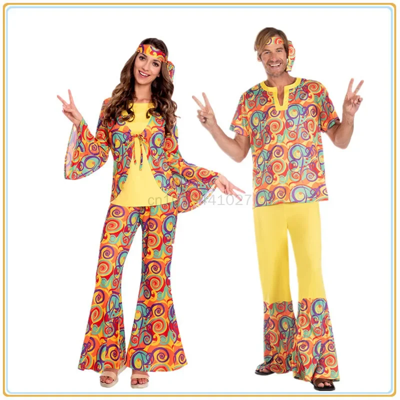 New Halloween Hippie Costumes for Adult Vintage 1970s Disco Stage Performance Suit Women Men Rock Hippies Cosplay Clothing