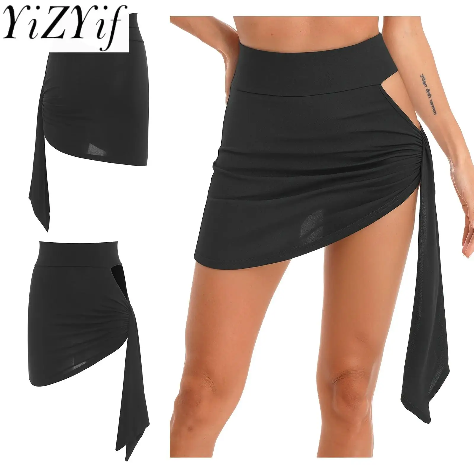 

Women's Hip Wrap Latin Waltz Dance Skirt High Waist Side Cutout Black Pencil Mini Skirt for Cha-cha Ballroom Jazz Dance Bottoms