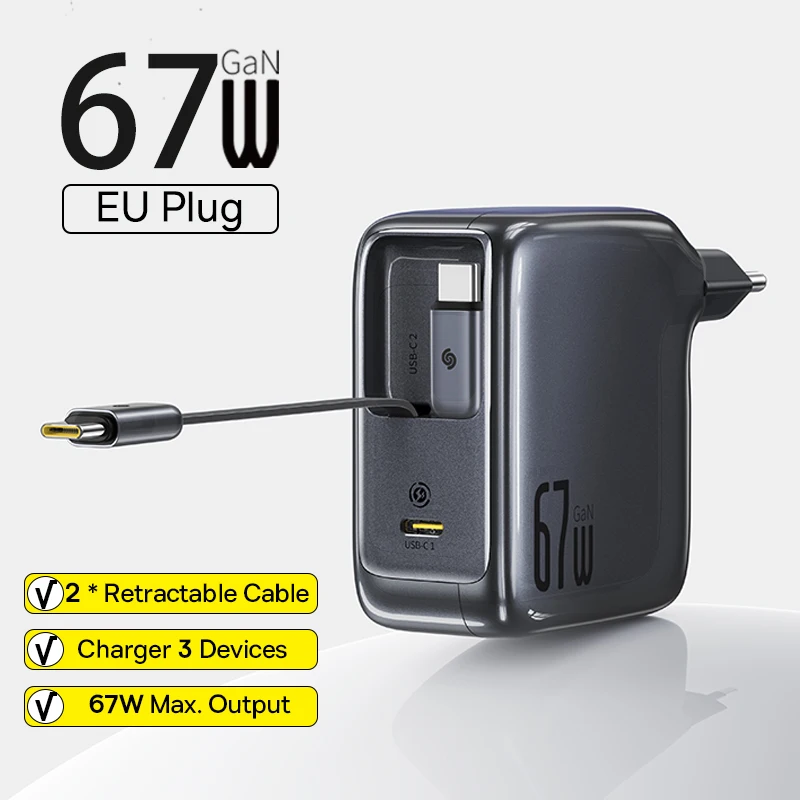 Baseus 67W GaN-oplader met dubbele intrekbare kabel Snellader voor iPhone Xiaomi Samsung Reisoplader Universele telefoonoplader