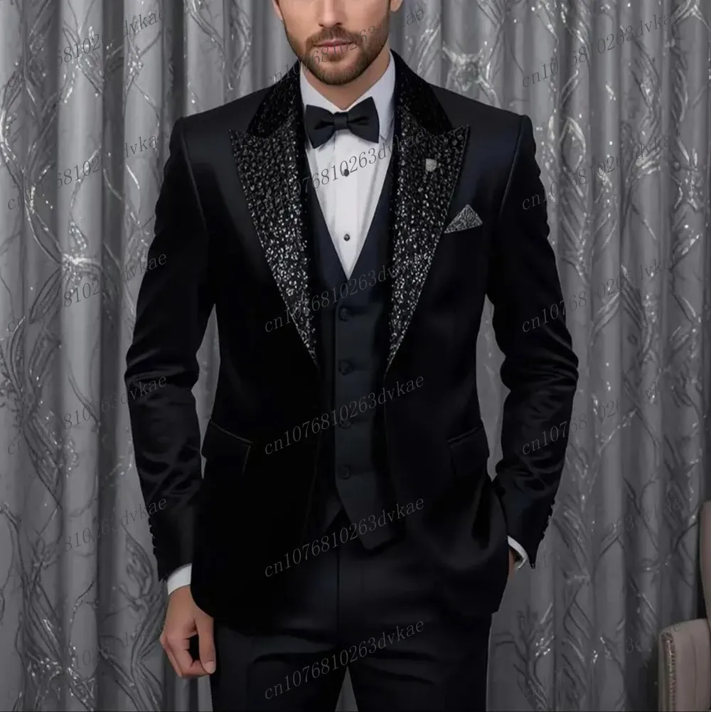 

New Black Sequin Men Suit Formal Occasion Business Groom Groomsman Wedding Party Prom Male Tuxedos 3 Piece Set Blazer Vest Pants
