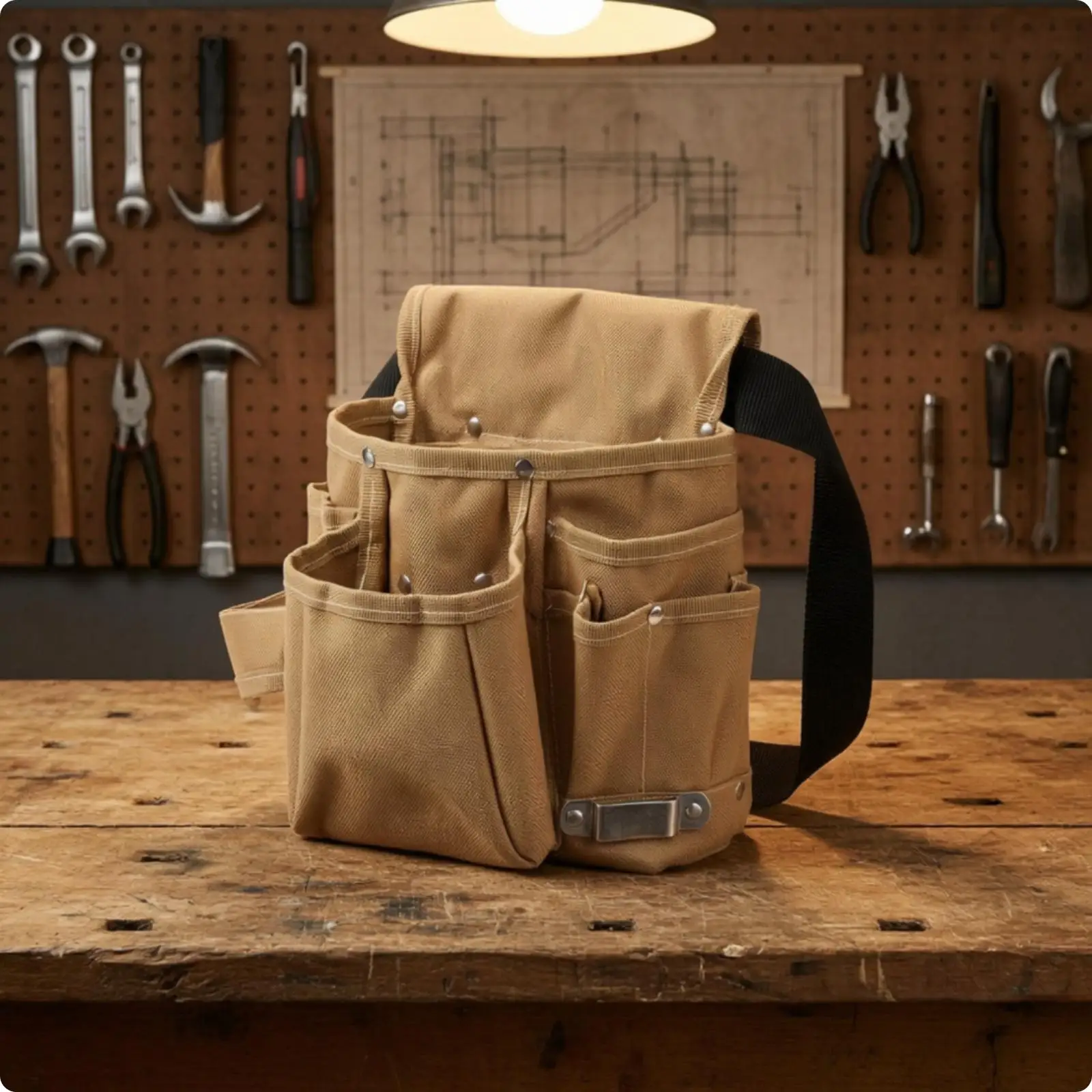 Khaki Oxford Fabric Industrial Pouch with Adjustable Waist Belt Multiple Pockets for Hand Tools Workshop