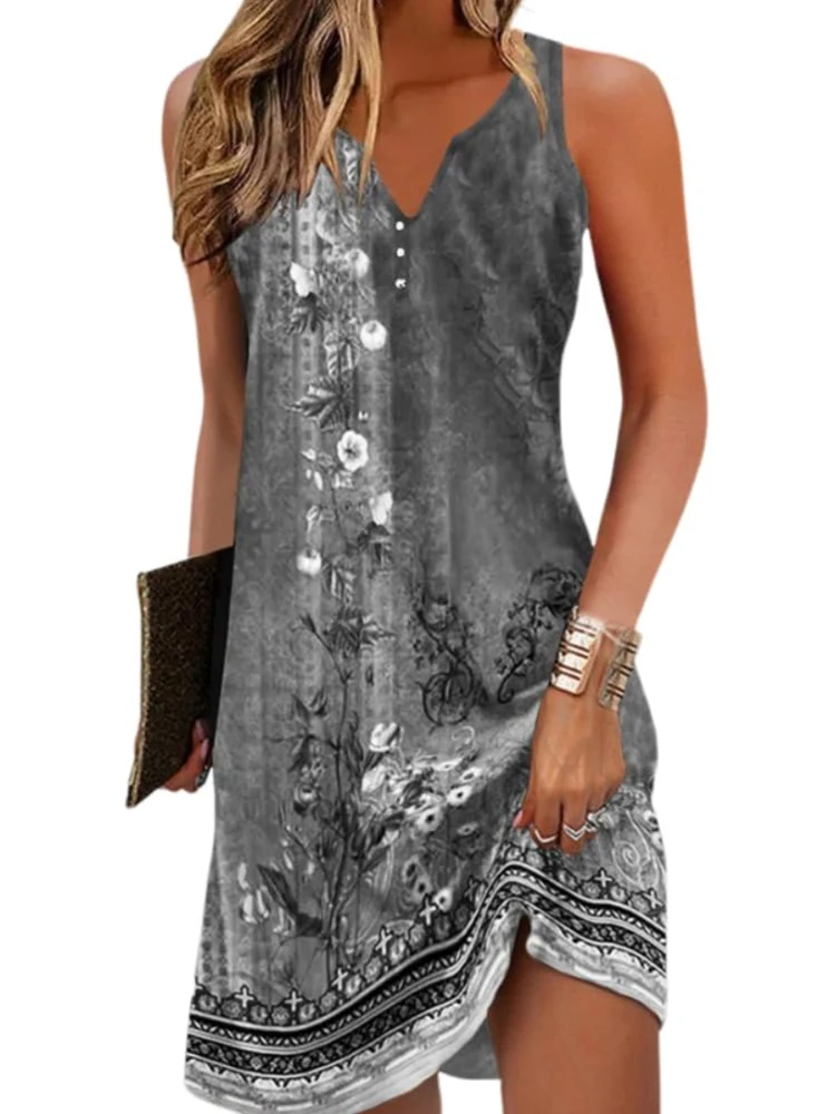 البوهيمي العرقية نمط ثلاثية الأبعاد مطبوعة أكمام الخامس الرقبة الركبة طول بذلة ، الصيف فضفاضة وعادية المرأة تنورة قصيرة S-XL