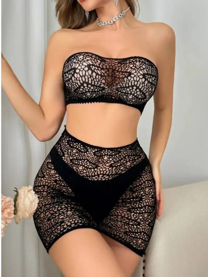 

New Sexy Hollow Out Mesh Solid Color Transparent Skirt Sets Backless Deep V Shoulder Leakage Sleeveless Skirt Sets Charming O3U7