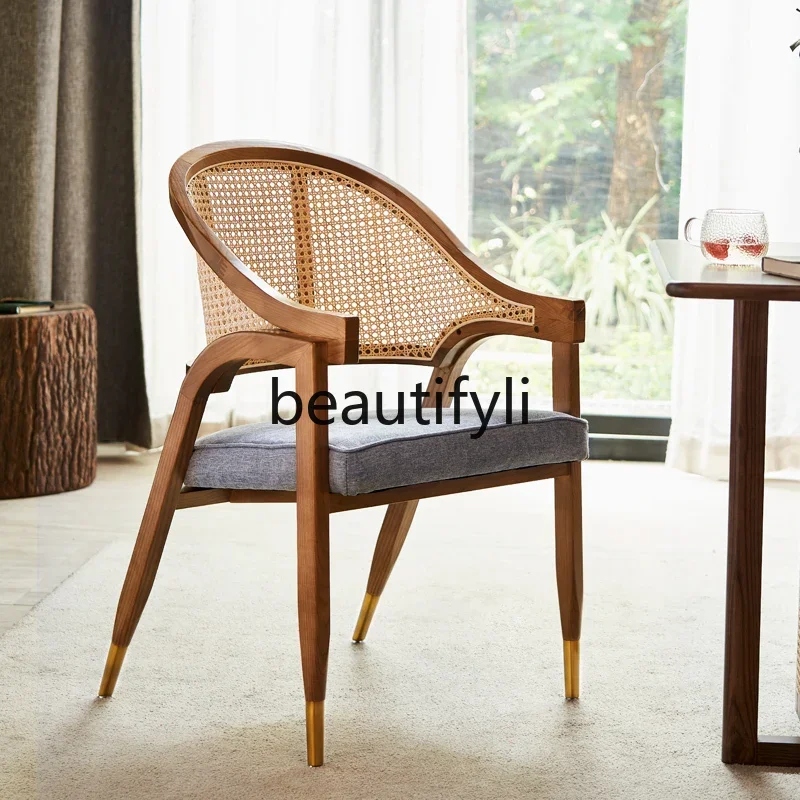 

Simple solid wood dining chair household backrest rattan stool milk tea shop restaurant soft bag chair light luxury4593