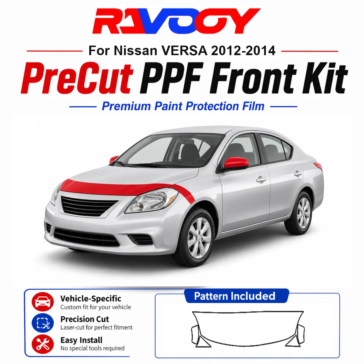 

8.5mil TPU Precut PPF Kit For Nissan VERSA 2012-2014 - Hood, Fenders & Mirror Set - Self-Healing Clear Bra Film