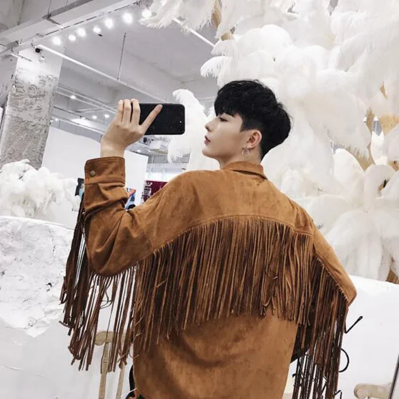 ฤดูใบไม้ผลิฤดูใบไม้ร่วงผู้ชาย Fringe เสื้อคอปกเสื้อแขนยาว Faux Suede พู่เสื้อ Moto Biker Tops Solid แฟชั่น Partywear