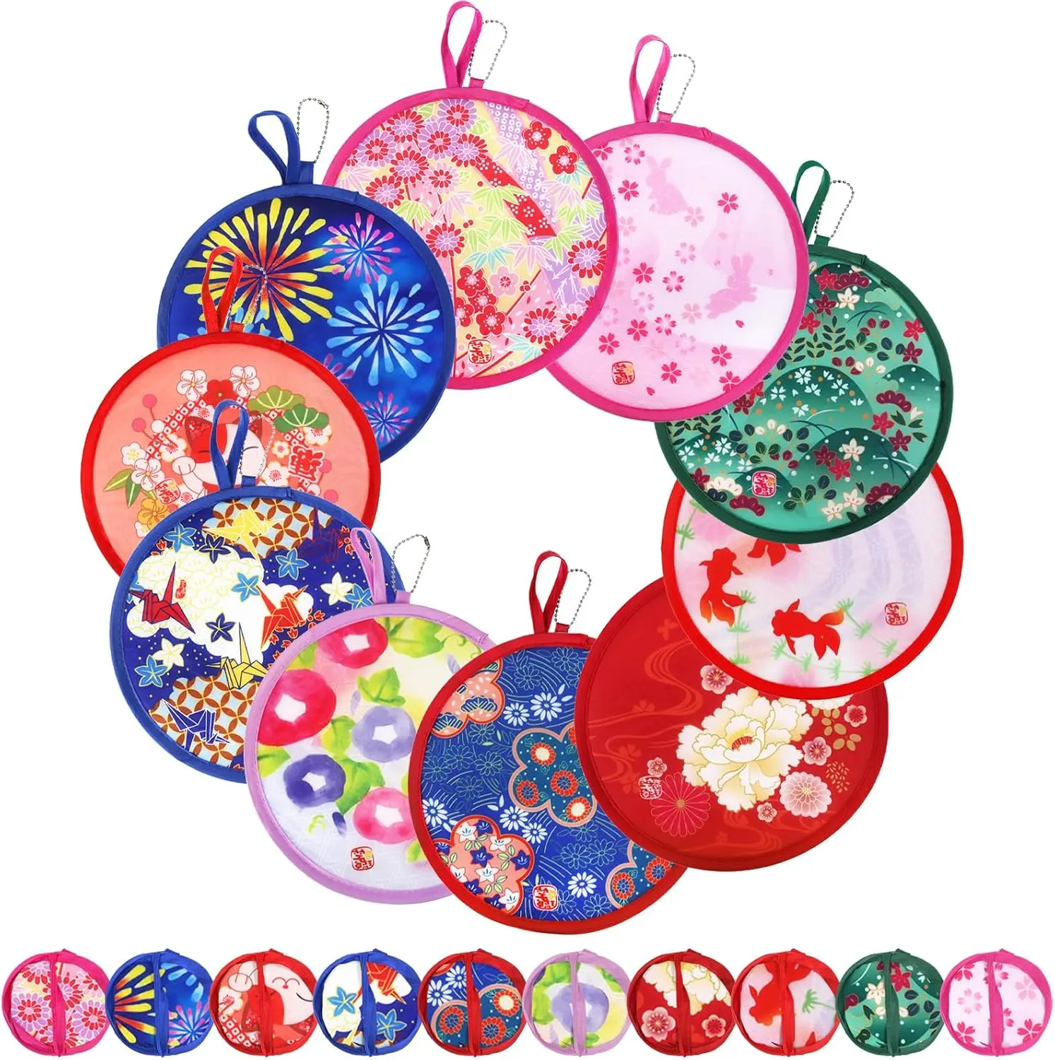 New Portable Round Hand Fan Mini Retro Travel Round Fan Floral Handheld Folding Fan Outdoor Beach