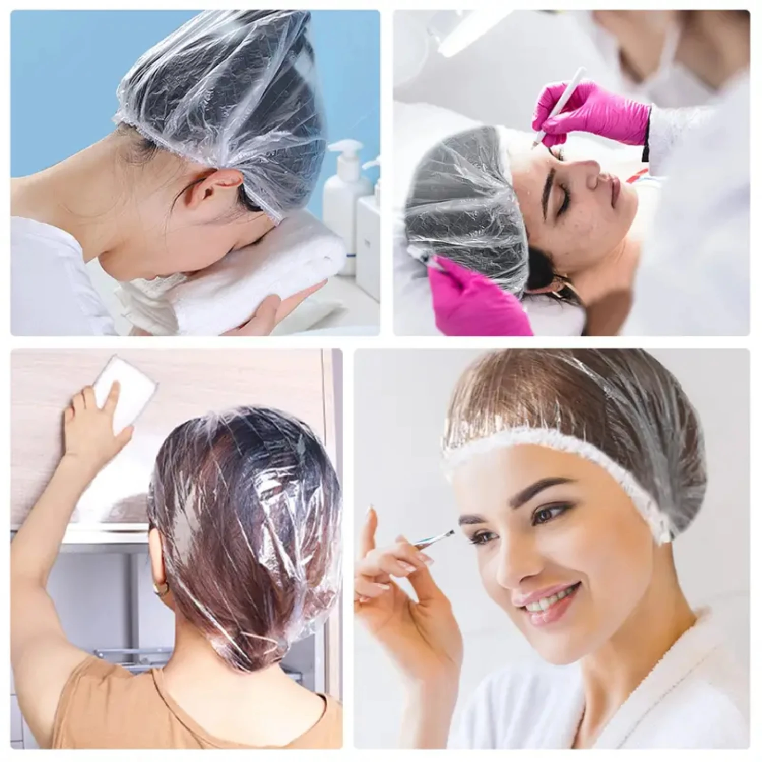 Bonnets de douche imperméables en plastique transparent au poulet, épais, de haute qualité, essentiels de beauté pour la maison, le spa, Ho, paquet de 100