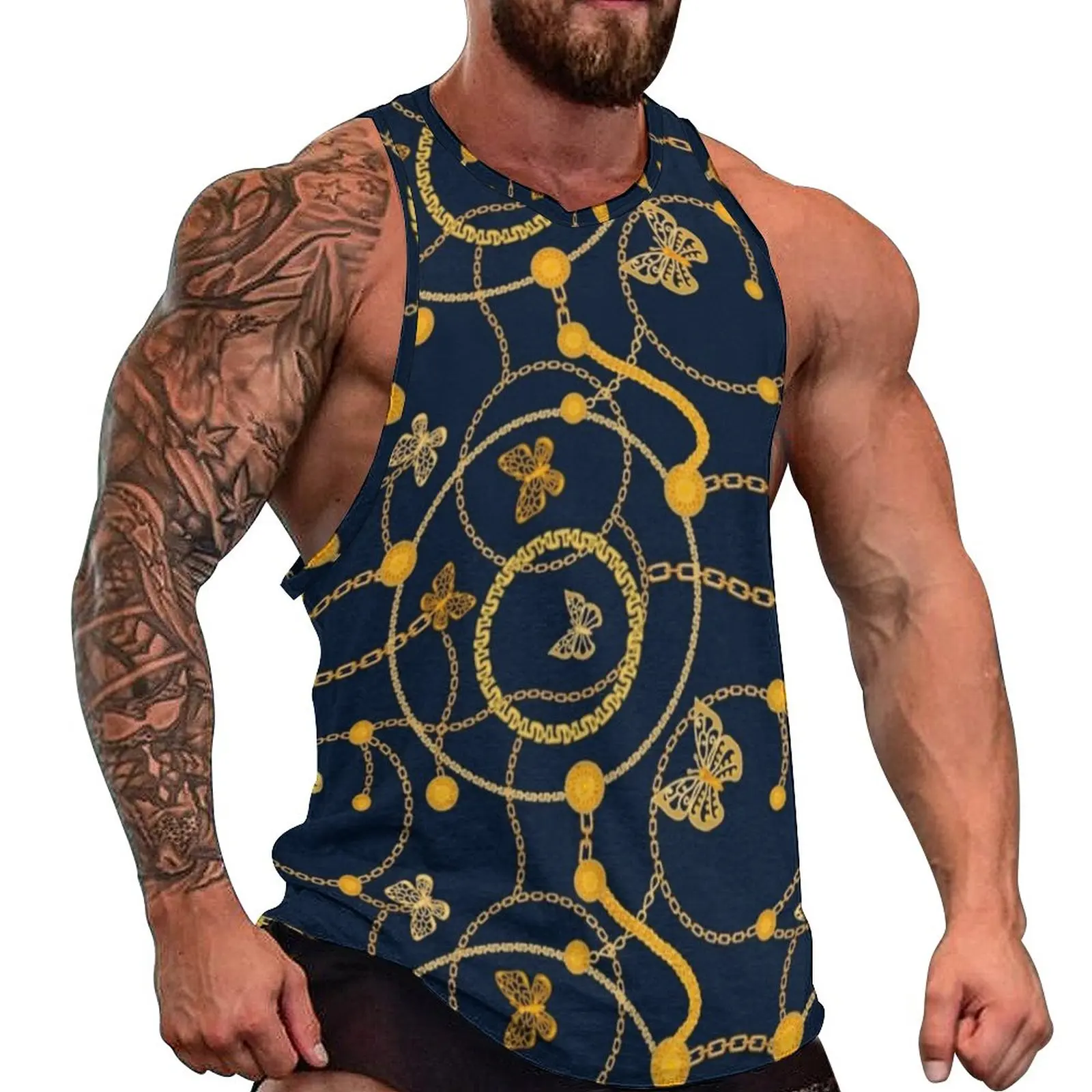 Chain Print Tank Top Men Gold Butterflies Tops Summer Graphic Gym Trendy Oversized Sleeveless Shirts