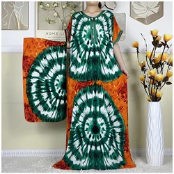 Vestido elegante Dashiki de algodón para mujer, ropa de algodón con estampado Floral teñido anudado, manga corta, Maxi suelta, Abaya islámica africana, novedad de 2024