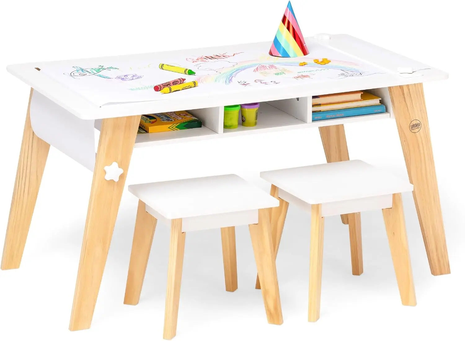 Kids Arts and Crafts Table Set for Boys and Girls, Mid Century Modern Design Table Includes Two Stools, Paper and Storag