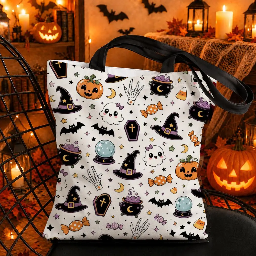 Halloween Doodle Collage Storage Bags Canvas Tote Bag Double-Sided Print Durable Shoulder Handbag for Festival Party Gift