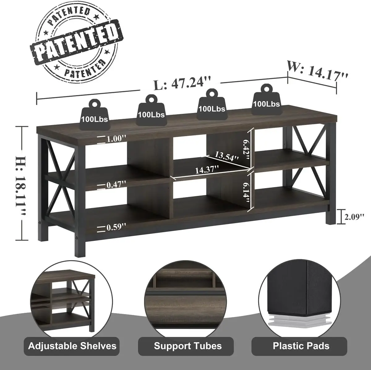 Shoe Bench Entryway with Storage, Industrial Wood and Metal Hallway Bench with Adjustable Shelves, 47.24