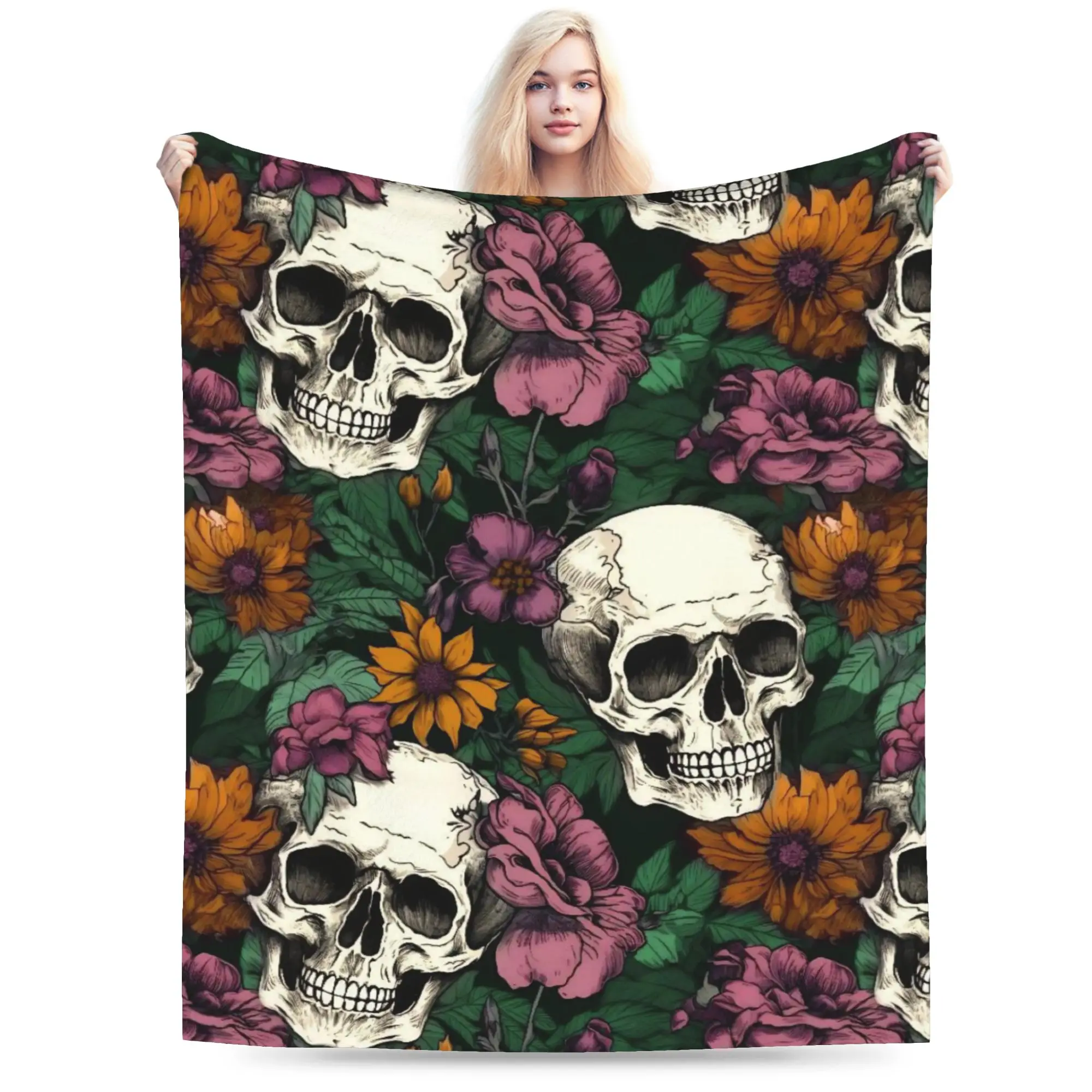 Halloween Skulls And Flowers Gothic Goth Blanket Warm Cozy Fluffy  Throw Blankets for Sofa 50x60 Inch Multi-size Rug Piece