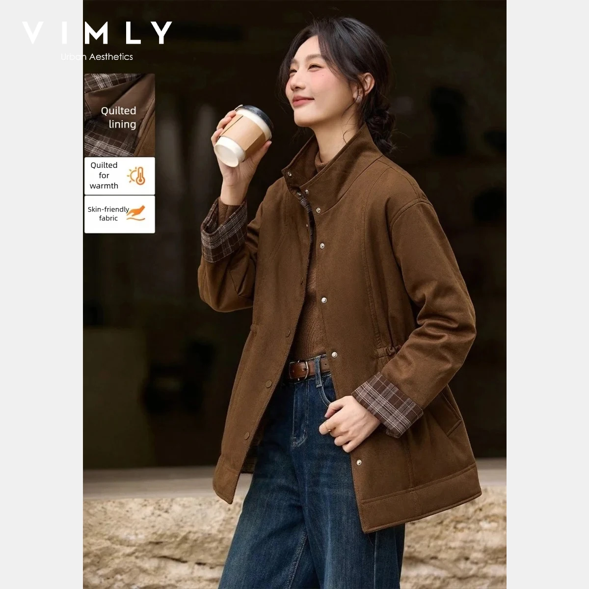 

VIMLY Тренч для женщин 2025 для поездок на работу с воротником-стойкой, утепленное пальто с хлопковой подкладкой, однобортное женское зимнее пальто A3309