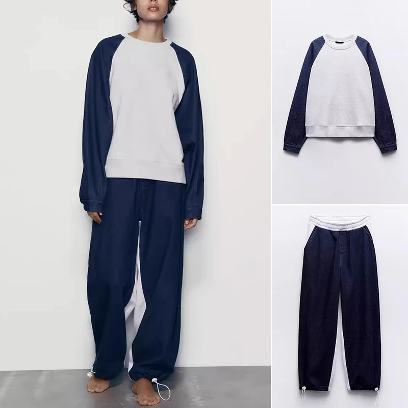 

Весна-лето, новый женский джинсовый лоскутный свитер с высокой талией, повседневные брюки, комплект из двух предметов, длинный све, круглый, накладной