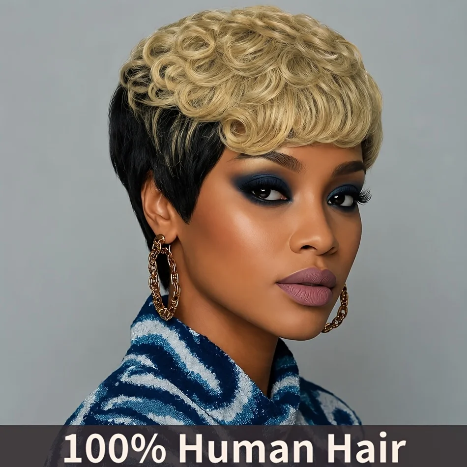 Short Pixie Cut Wigs Loose Curly Wave Human Hair Wigs Layered Black And Brown Loose Curly Human Hair Wigs With Bangs 4inch 180% Density Real Brazilian Remy Human Hair Wig For Women Full Machine Made Wigs For Halloween Christmas Party