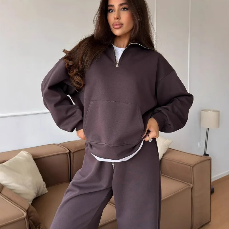 Zipper Lapel Pullover Hoodie Lace-up Straight Leg Wide-leg Pants Two-piece Set European American Casual Women Cotton-padded Suit