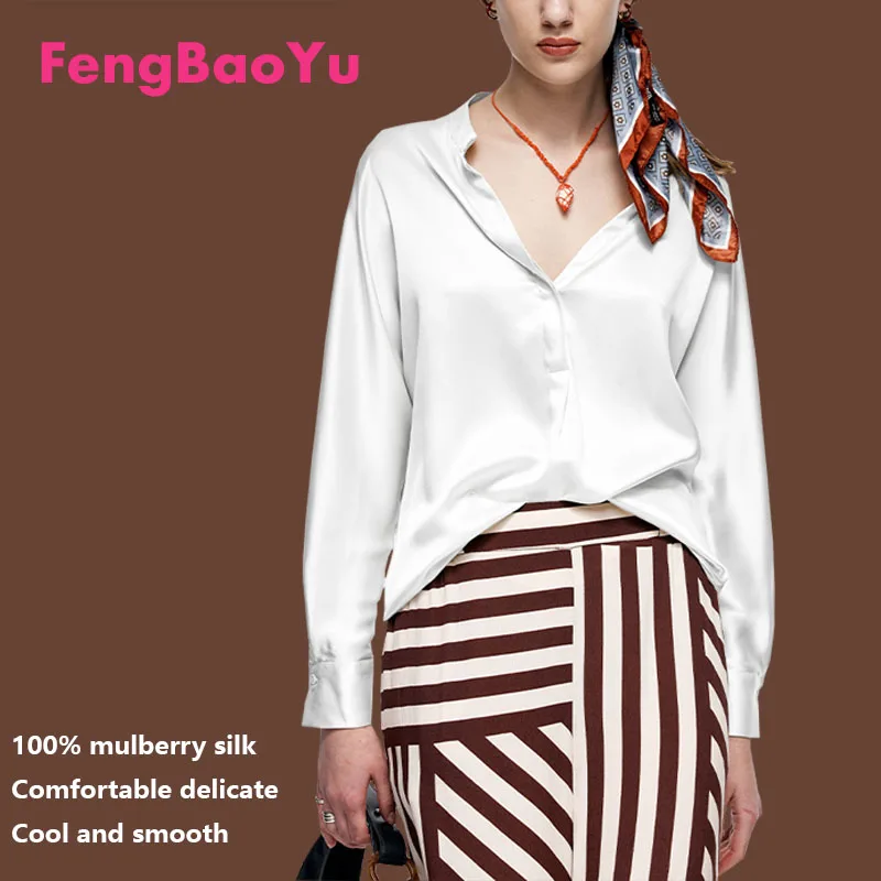 Fengbaoyu High-end Silk Women's Shirt Long-Sleeved V-Neck Elegant Silk Top Loose and Comfortable Fashionable Shirt