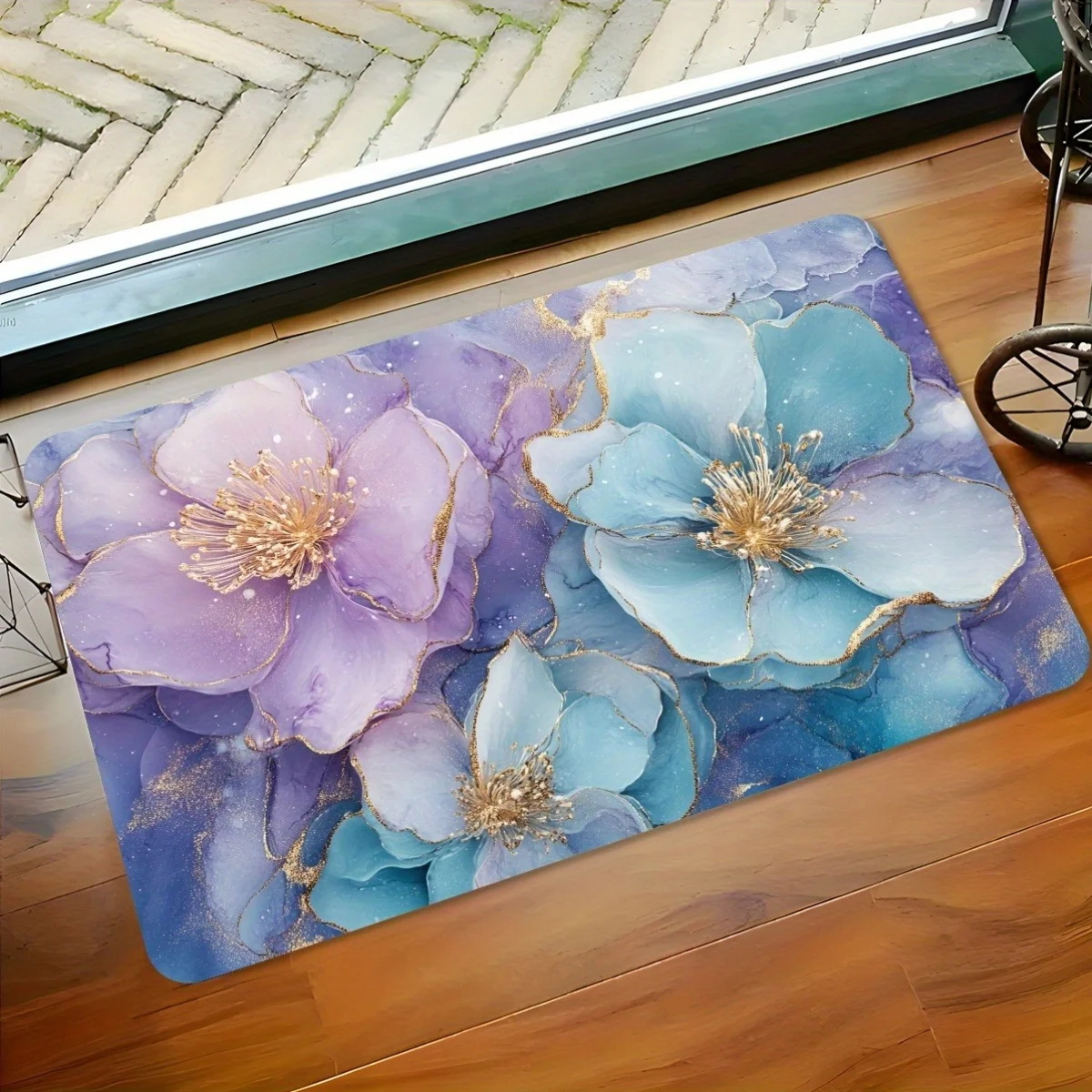 Stunning Watercolor Floral Print Doormat for Home Entryway Decor Blue Purple Flower Mat Polyester Durable Indoor Outdoor Welcome