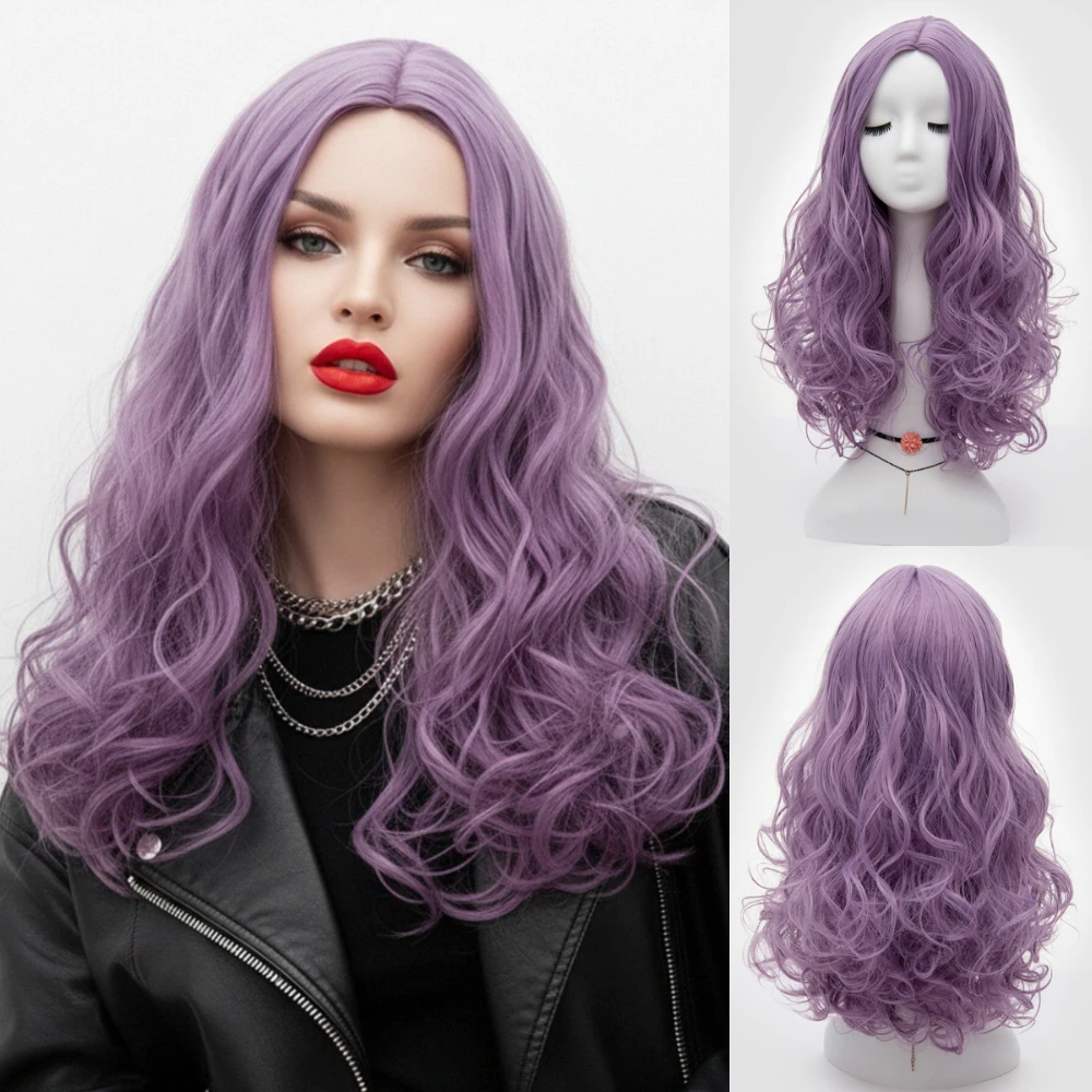 

Термостойкий короткий волнистый фиолетовый синтетический парик, женская средняя часть для Хэллоуина, Рождества, косплея, повседневных видов