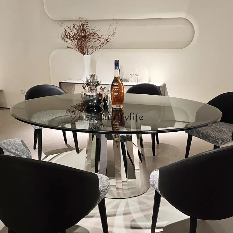 

2 yj15 Stainless Steel Modern Double Layer Glued Tempered Glass Dining Table Italian Minimalist Oval