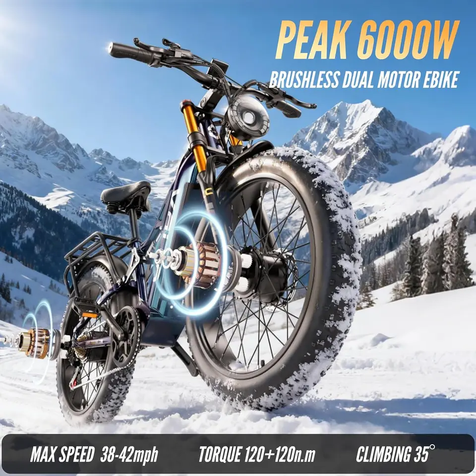 Peak 6000W Dual Motor Electric Bike for Adults 42MPH with 52V 20Ah，Up to 80 Miles, 26"x4" Fat Tire Full Suspension Ebike with Hy image 4